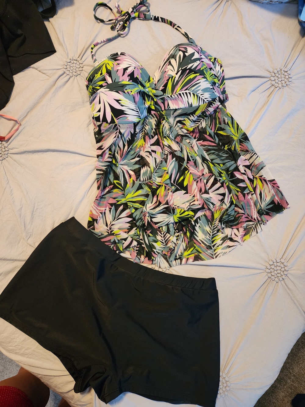 Kona Sol tropical leaf halter tankini top paired with Wild Fable Swim Boy Shorts